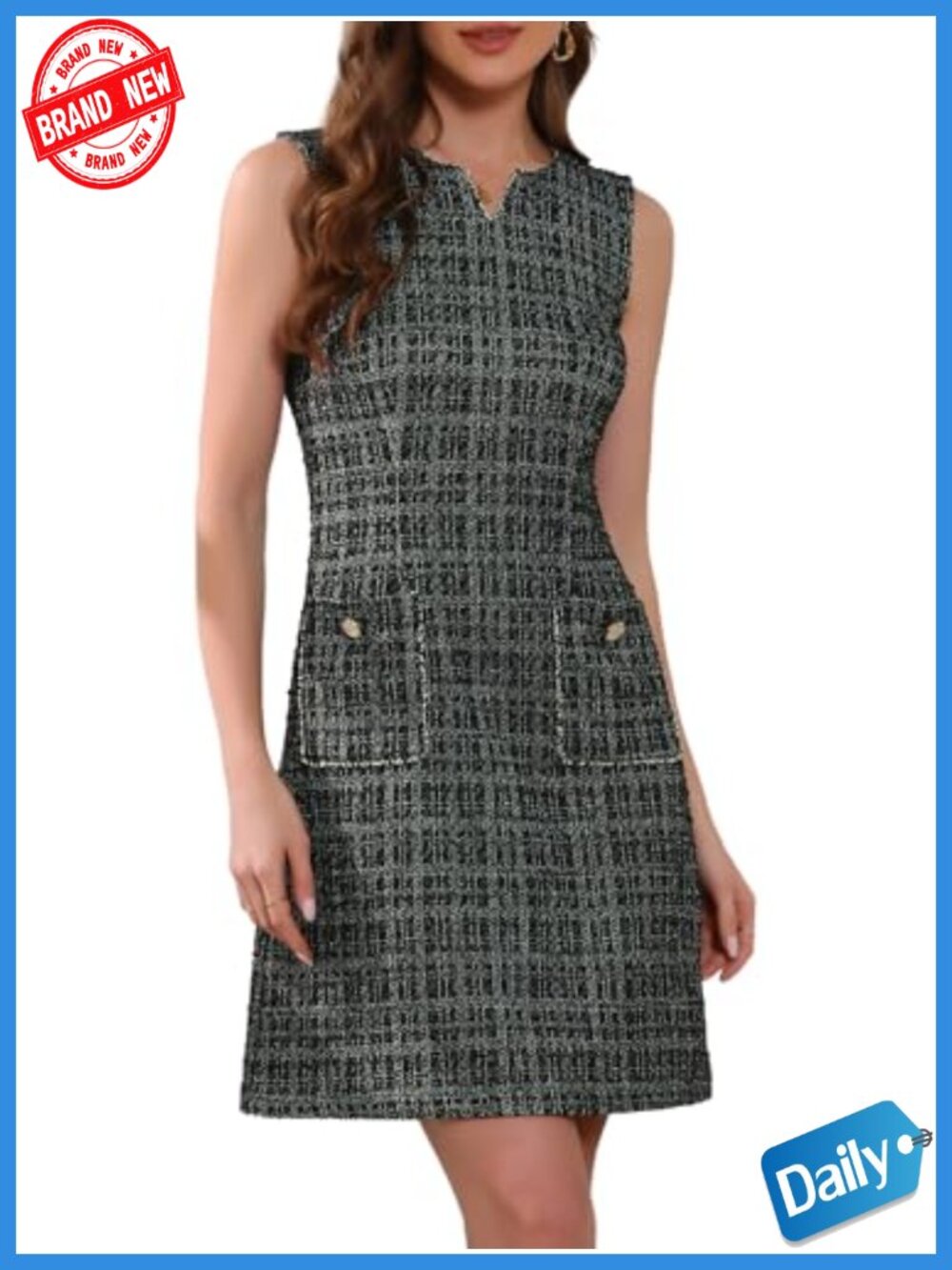 Women's Tweed Sleeveless Dress Pleated Plaid Casual Midi